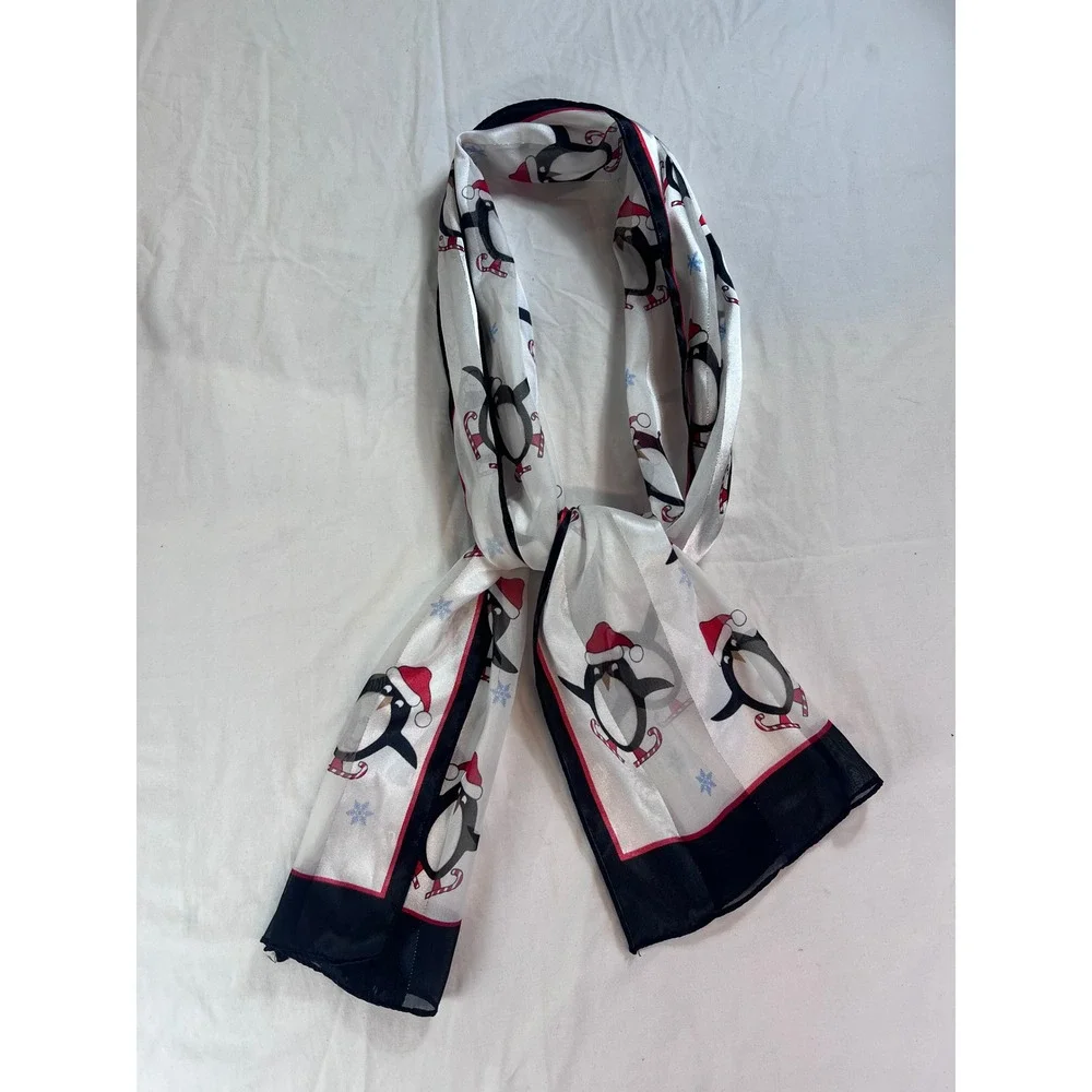 Christmas Penguin Ice Skating Scarf White Black Red Metallic Stripe Oblong 58in